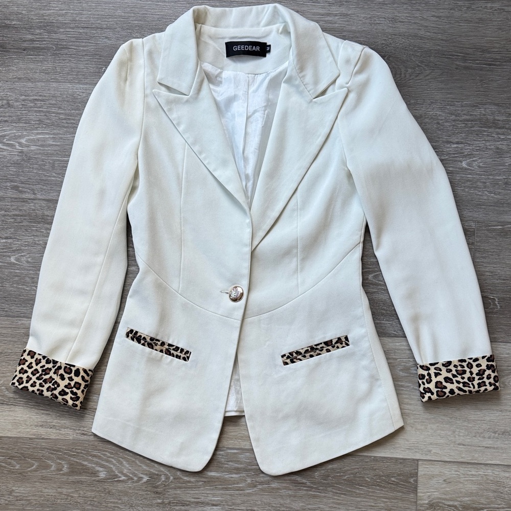 Women's Cream Blazer with Leopard Accents